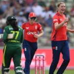 England seamer Lauren Bell celebrates wicket during international match, leading pace attack after Shrubsole and Brunt era.