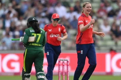 England seamer Lauren Bell celebrates wicket during international match, leading pace attack after Shrubsole and Brunt era.