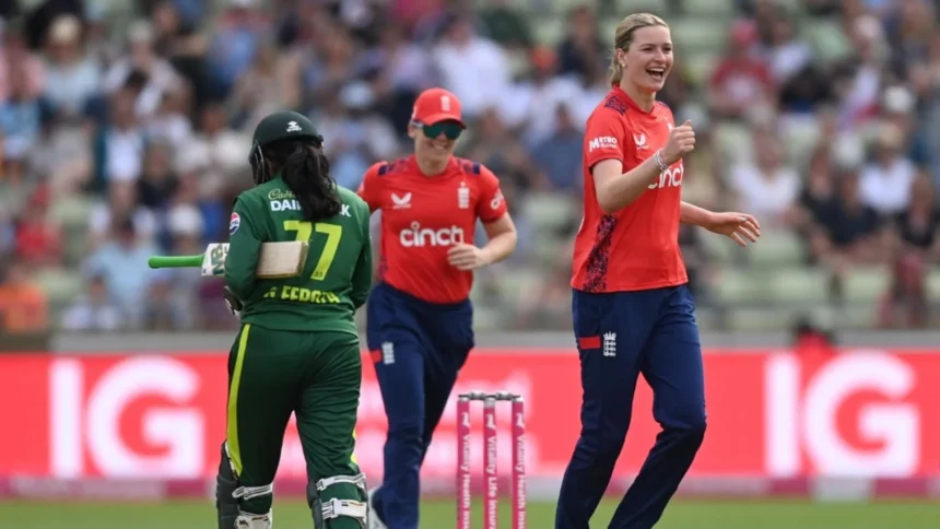 England seamer Lauren Bell celebrates wicket during international match, leading pace attack after Shrubsole and Brunt era.