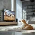 Dog sitting on sofa watching TV designed for pets