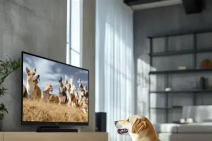 Dog sitting on sofa watching TV designed for pets