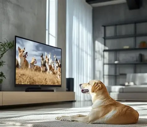 Dog sitting on sofa watching TV designed for pets