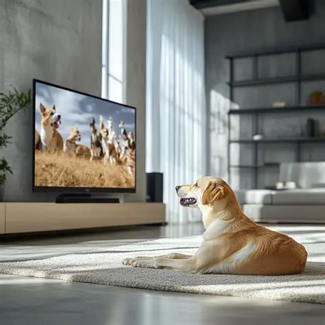Dog sitting on sofa watching TV designed for pets