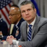 Defence Secretary Pete Hegseth speaks at Pentagon podium announcing Army Chief Randy George's immediate retirement.