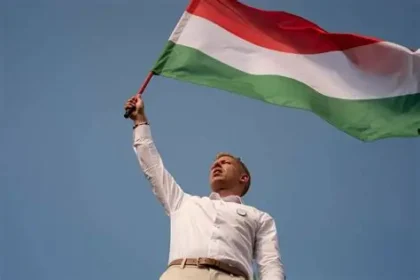 Péter Magyar celebrating Hungary election victory after defeating Viktor Orbán