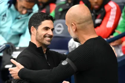 Pep Guardiola and Mikel Arteta during Premier League match between Manchester City and Arsenal