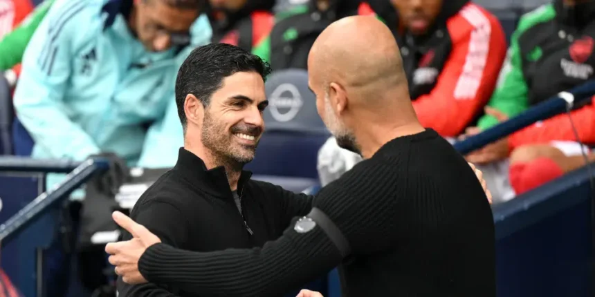 Pep Guardiola and Mikel Arteta during Premier League match between Manchester City and Arsenal
