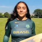 Brazil bowler Laura Cardoso celebrates another wicket during record 9-4 demolition of Lesotho in T20 international.