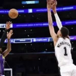 LeBron James scoring during Lakers playoff game