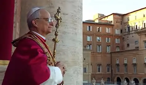 Pope Leo XIV waves from St Peter's Basilica balcony amid thousands of Easter worshippers filling Vatican square with spring flowers.