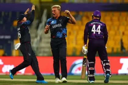 Scotland cricket team batting against Namibia during T20 match in Windhoek