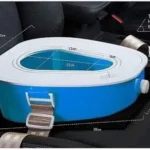 Diagram from Seres patent shows in-vehicle toilet sliding out from under passenger seat with exhaust and heating features.