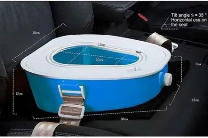 Diagram from Seres patent shows in-vehicle toilet sliding out from under passenger seat with exhaust and heating features.