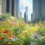 Wildflowers growing along a city street and urban pavement