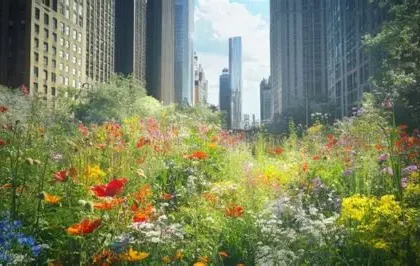 Wildflowers growing along a city street and urban pavement