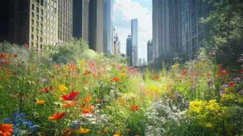 Wildflowers growing along a city street and urban pavement