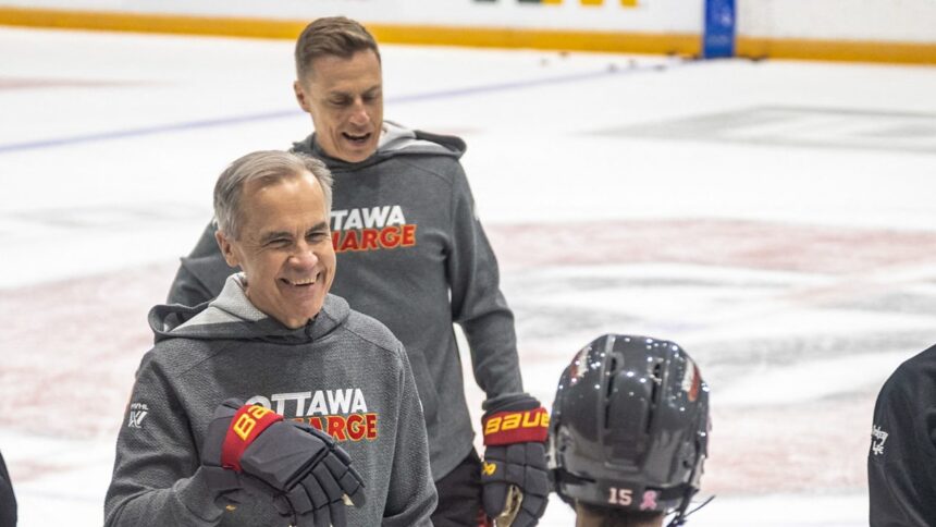 Mark Carney and Alexander Stubb play hockey