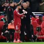 Mohamed Salah and Arne Slot during Liverpool training before Brentford match