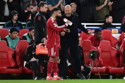 Mohamed Salah and Arne Slot during Liverpool training before Brentford match