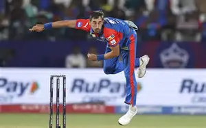 Mitchell Starc bowling for Delhi Capitals in IPL 2026 match against Rajasthan Royals