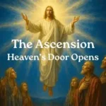 Jesus ascends into golden clouds surrounded by disciples on Mount of Olives Ascension Day