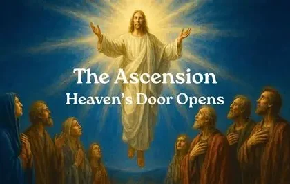 Jesus ascends into golden clouds surrounded by disciples on Mount of Olives Ascension Day