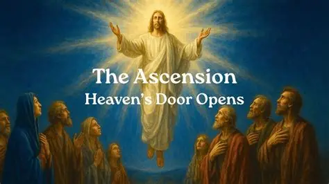 Jesus ascends into golden clouds surrounded by disciples on Mount of Olives Ascension Day
