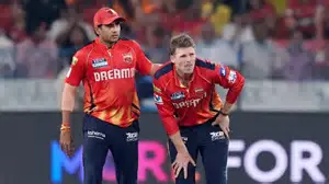 Lockie Ferguson celebrates after dismissing Abhishek Sharma during SRH vs PBKS IPL 2026 Match 49 at Rajiv Gandhi International Stadium, Hyderabad.