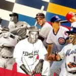 Legendary American baseball players including Babe Ruth and Jackie Robinson