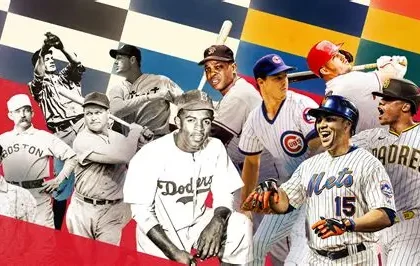 Legendary American baseball players including Babe Ruth and Jackie Robinson