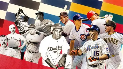 Legendary American baseball players including Babe Ruth and Jackie Robinson