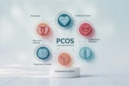 Doctor explaining PMOS hormonal disorder to a female patient during a medical consultation