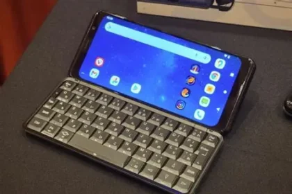 A modern smartphone with a physical keyboard displayed beside wireless touchscreen devices.