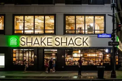 Shake Shack shares drop — Shake Shack restaurant exterior with illuminated signage at night, showing the premium burger chain's branding clearly visible to passing customers.