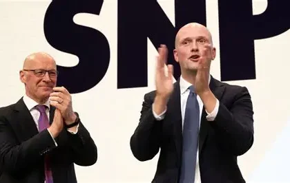 Stephen Flynn celebrates after winning his Holyrood seat for the SNP in Scotland’s election.