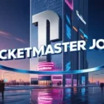 Ticketmaster logo displayed on a digital screen at a live event venue, with a crowd visible in the background.