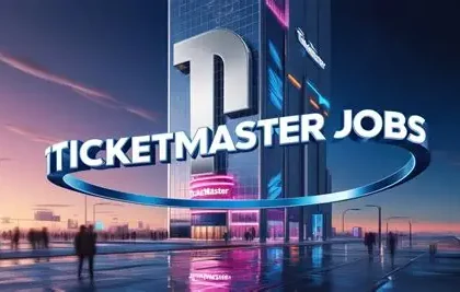 Ticketmaster logo displayed on a digital screen at a live event venue, with a crowd visible in the background.