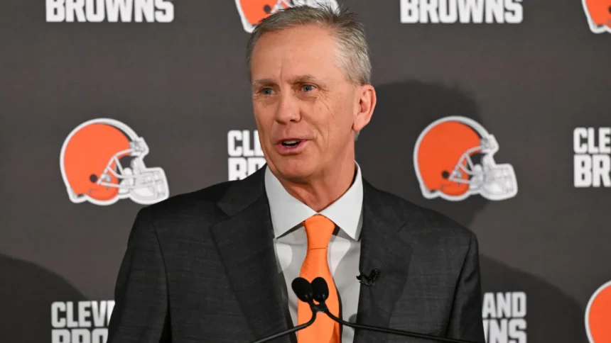 Cleveland Browns head coach Todd Monken watches practice drills during spring offseason workouts at the Browns training facility in 2026.