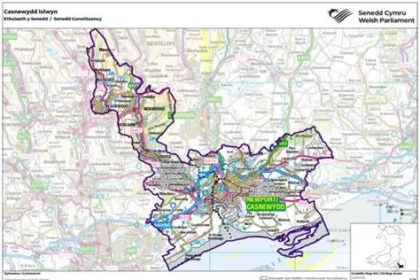 Map showing the Casnewydd Islwyn constituency boundary for the 2026 Senedd Election in Wales.