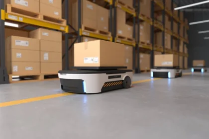 Autonomous mobile robots navigating a modern warehouse using sensors and intelligent mapping