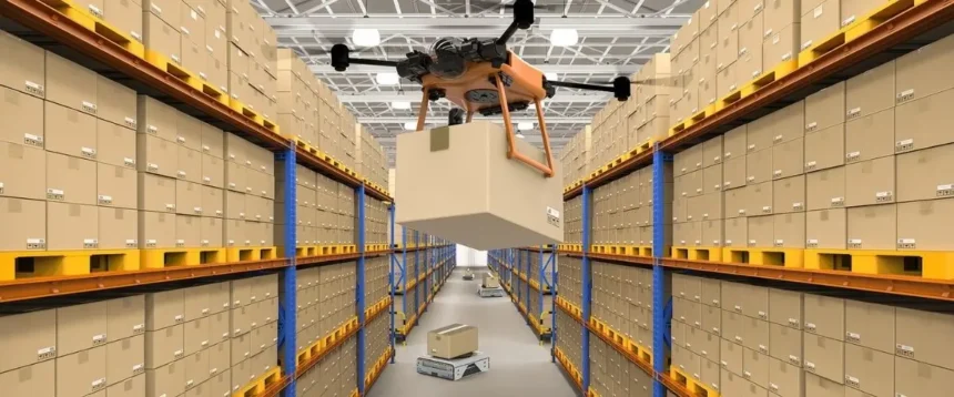 Warehouse robotics moving and sorting products inside an automated fulfillment center