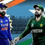 India vs Pakistan cricket rivalry showing players from both teams in a packed international cricket stadium