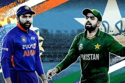 India vs Pakistan cricket rivalry showing players from both teams in a packed international cricket stadium