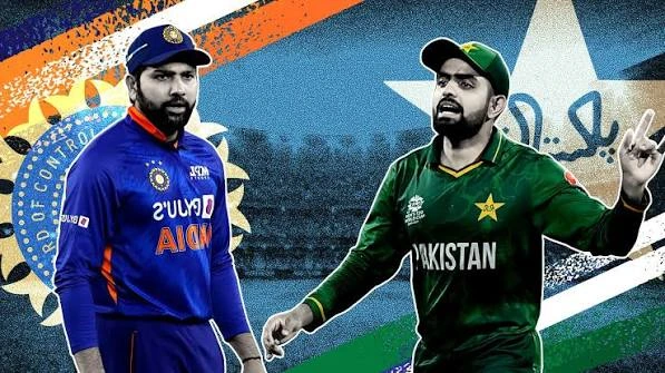 India vs Pakistan cricket rivalry showing players from both teams in a packed international cricket stadium
