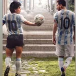 Messi vs Maradona comparison featuring Lionel Messi and Diego Maradona in Argentina number 10 shirts