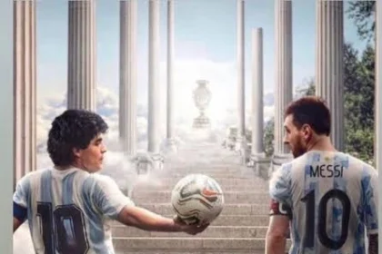 Messi vs Maradona comparison featuring Lionel Messi and Diego Maradona in Argentina number 10 shirts