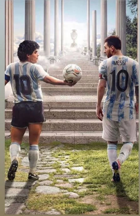 Messi vs Maradona comparison featuring Lionel Messi and Diego Maradona in Argentina number 10 shirts