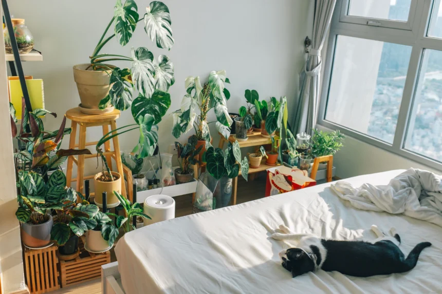 Bedroom plants including snake plant spider plant aloe vera peace lily fern and lavender beside a sleeping bed